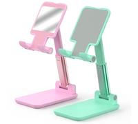 HZZADZXW Cell Phone Stand, Adjustable Angle and Height Cell Phone Holder for Desk, Foldable and Portable, Anti-Slip Silicone Pad, Compatible with All Mobile Phones and 4-8 Inch Devices (Pink&Green)