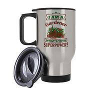 I am a Gardener What's Your Superpower?, Gardening Gift, Gardeners Gift, Silver, White Insulated 14oz Travel Mug, Tea, Coffee Mug. (Silver)
