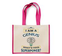 I Am A Genius. What's Your Superpower? Great Gift for Christmas, Birthdays, and Any Special Day, Jute Bag, Shopping Bag. (Pink)