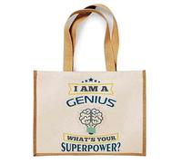 I Am A Genius. What's Your Superpower? Great Gift for Christmas, Birthdays, and Any Special Day, Jute Bag, Shopping Bag. (Natural)