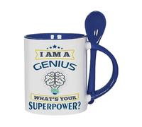 I Am A Genius. What's Your Superpower? Great Gift for Christmas, Birthdays, and Any Special Day, Mug with Spoon - Colour Inside Coffee Cup. (Navy Blue)