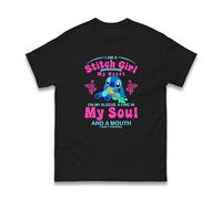 I Am A Stitch Girl I was Born with My Heart Stitch T-Shirt, Girls Funny Saying Humor Joke Stitch Cartoon Love Unisex Kids Adults Top (Black, L)