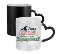 I Am a Witch, What’s Your Superpower?” - Funny Halloween Witch Design | Magical Quote Artwork for Spooky Season & Holiday Gifting, Ceramic Heart Handle Mug,Colour Changing Magic Mug.