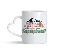 I Am a Witch, What’s Your Superpower?” - Funny Halloween Witch Design | Magical Quote Artwork for Spooky Season & Holiday Gifting, 11oz Heart Handle Cup, Coffee, Tea Mug. (White)