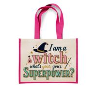 I Am a Witch, What’s Your Superpower?” - Funny Halloween Witch Design | Magical Quote Artwork for Spooky Season & Holiday Gifting, Jute Bag, Shopping Bag (Pink)
