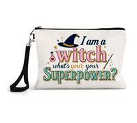 I Am a Witch, What’s Your Superpower?” - Funny Halloween Witch Design | Magical Quote Artwork for Spooky Season & Holiday Gifting, Make Up Bag with Strap, Linen Cosmetics, Beauty Bag.
