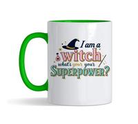 I Am a Witch, What’s Your Superpower?” - Funny Halloween Witch Design | Magical Quote Artwork for Spooky Season & Holiday Gifting, Inside Coloured Mug,Ceramic Coffee, Tea Mug. (Green)