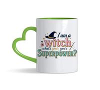 I Am a Witch, What’s Your Superpower?” - Funny Halloween Witch Design | Magical Quote Artwork for Spooky Season & Holiday Gifting, 11oz Heart Handle Cup, Coffee, Tea Mug. (Green)