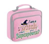 I Am a Witch, What’s Your Superpower?” - Funny Halloween Witch Design | Magical Quote Artwork for Spooky Season & Holiday Gifting, Lunch Box Reusable Bag, Lunch Cooler Bag. (Classic Pink)