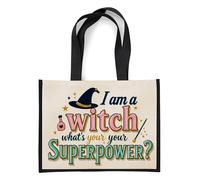 I Am a Witch, What’s Your Superpower?” - Funny Halloween Witch Design | Magical Quote Artwork for Spooky Season & Holiday Gifting, Jute Bag, Shopping Bag (Black)