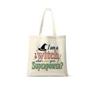 I Am a Witch, What’s Your Superpower?” - Funny Halloween Witch Design | Magical Quote Artwork for Spooky Season & Holiday Gifting, Shoulder Natural Shopping Tote Bag Cotton Shopping Bag.