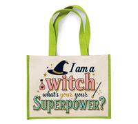 I Am a Witch, What’s Your Superpower?” - Funny Halloween Witch Design | Magical Quote Artwork for Spooky Season & Holiday Gifting, Jute Bag, Shopping Bag (Apple Green)