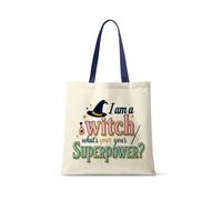 I Am a Witch, What’s Your Superpower?” - Funny Halloween Witch Design | Magical Quote Artwork for Spooky Season & Holiday Gifting, Shopping Bag, Tote Bag. (French Navy Handle)