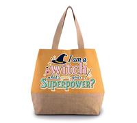 I Am a Witch, What’s Your Superpower?” - Funny Halloween Witch Design | Magical Quote Artwork for Spooky Season & Holiday Gifting, Canvas Jute Bag with Inner Mobile & Coin Pocket. (Cumin Yellow)