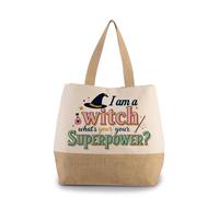 I Am a Witch, What’s Your Superpower?” - Funny Halloween Witch Design | Magical Quote Artwork for Spooky Season & Holiday Gifting, Canvas Jute Bag with Inner Mobile & Coin Pocket. (Natural)