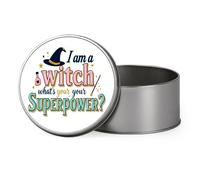 I Am a Witch, What’s Your Superpower?” - Funny Halloween Witch Design | Spooky Season & Holiday Gifting, Metal Tin Storage Box, Biscuit, ChocolateTin, Emergency Stuff Tin. (Round)