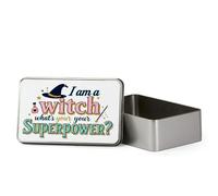 I Am a Witch, What’s Your Superpower?” - Funny Halloween Witch Design | Spooky Season & Holiday Gifting, Metal Tin Storage Box, Biscuit, ChocolateTin, Emergency Stuff Tin. (Rectangular)