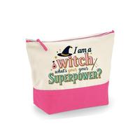 I Am a Witch, What’s Your Superpower?” - Funny Halloween Witch Design | Spooky Season & Holiday Gifting,Travel Bag, Girl Makeup Bag, Canvas Accessory Bag. (Natural True Pink, L)