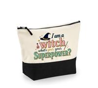 I Am a Witch, What’s Your Superpower?” - Funny Halloween Witch Design | Spooky Season & Holiday Gifting,Travel Bag, Girl Makeup Bag, Canvas Accessory Bag. (Natural Black, L)