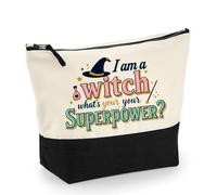 I Am a Witch, What’s Your Superpower?” - Funny Halloween Witch Design | Spooky Season & Holiday Gifting,Travel Bag, Girl Makeup Bag, Canvas Accessory Bag. (Natural Black, M)