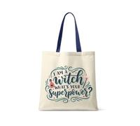 I Am a Witch, What’s Your Superpower?” - Spooky Season & Holiday Gifting, | Funny Halloween Witch Design, Reusable Bag, Shopping Bag, Tote Bag. (French Navy Handle)