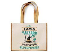 I Am A Wizard What’s Your Superpower - Funny Wizard Gift, Magic Quote, Novelty Fantasy, Jute Bag, Shopping Bag. (Natural)