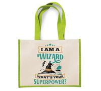 I Am A Wizard What’s Your Superpower - Funny Wizard Gift, Magic Quote, Novelty Fantasy, Jute Bag, Shopping Bag. (Apple Green)