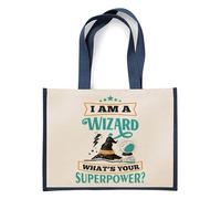 I Am A Wizard What’s Your Superpower - Funny Wizard Gift, Magic Quote, Novelty Fantasy, Jute Bag, Shopping Bag. (Navy Blue)