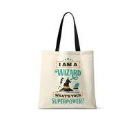 I Am A Wizard What’s Your Superpower - Funny Wizard Gift, Magic Quote, Novelty Fantasy, Reusable Bag, Shopping Tote Bag. (Black Handle)