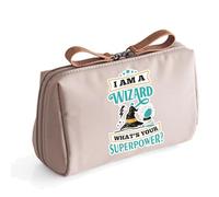 I Am A Wizard What’s Your Superpower - Funny Wizard Gift, Magic Quote, Novelty Fantasy, Women Mini Toiletry Bag for Makeup and Cosmetics for Daily Storage or Travel. (Natural Beige)