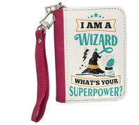 I Am A Wizard What’s Your Superpower - Funny Wizard Gift, Magic Quote, Novelty Fantasy, Women's Small Leather Zip-Around Wallet, Credit Card Slots, Coin Purse, Pink.