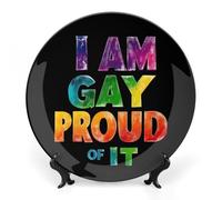 I Am Gay Proud of It Bone China Decorative Plate Ceramic Wall Dinner Plates with Display Stand for Home Kitchen Decor 7inch