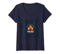 I Am That I Am: Empowering Flame of Self-Affirmation V-Neck T-Shirt, Women, Navy, M