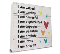 I am Valued I am Worthy Wooden Box Sign Desk Decor, Inspirational Quote Wood Box Sign for Home Office Shelf Table Decoration 5 X 5 Inch