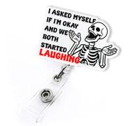 I Asked Myself If I'm Okay and We Both Started Laughing Skeleton Badge Reel | Funny Retractable Badge Holder for Nurse Nursing RN CNA LPN Doctor Healthcare Worker & Office Staff, Halloween Nurse Gifts