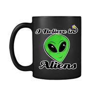 I Believe in Aliens, Space Alien Fans Gift, Black Satin Cup, Coffee, Tea Mug.