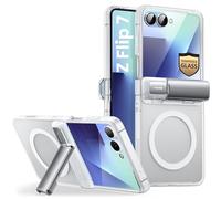 i-BLASON for Samsung Galaxy Z Flip 7 Case with Stand [Tempered Glass Screen Protector] [Hinge Protection] [Support Wireless Charging] Slim Matte Protective Magnetic Phone Case for Z Flip 7, Clear