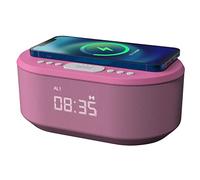 i-box Bedside Alarm Clock Radio Non Ticking with USB Charger, Bluetooth Speaker, QI Wireless Charging & Dimmable LED Display - Mains Powered (Pink)