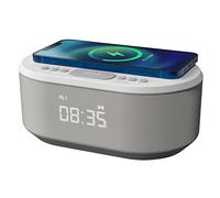 i-box Bedside Wireless Charging Radio Alarm Clock with Dimmable LED Display - Mains Powered Non Ticking Dual Alarm Clock with USB Charger and Bluetooth Speaker, Grey