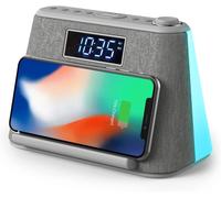 i-box Alarm Clocks Bedside, Alarm Clock with Wireless Charging, Bluetooth Speaker, FM Radio, Qi Wireless Charger, White Noise Machine, Night Light/Mood Light, USB Port, Dimmable, Non Ticking
