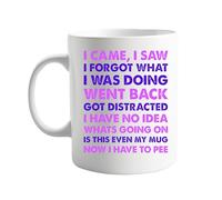 I Came, I Saw, I Forgot, I Need to Pee Funny 11oz Coffee Mug - Pink and Purple Text Cup for Daily Use, Gag Gift for Humour Lovers, Present Idea for Friends, Coworkers, and Family, For Him or Her