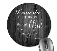 I can do All Things Through Christ who Strengthens Me Bible Verse Scripture Quote Round Mouse Pad, Philippians 4-13 Rustic Old Black Wood Grain Circular Mouse Pads