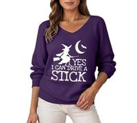 I Can Drive A Stick Print Long Sleeve Halloween Witch Sweatshirt, Dark purple, L