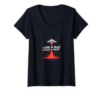 I Come in Peace & Leave in Pieces: UFO Humor for Space Fans V-Neck T-Shirt, Women, Black, L