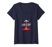 I Come in Peace & Leave in Pieces: UFO Humor for Space Fans V-Neck T-Shirt, Women, Navy, XXL