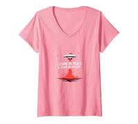 I Come in Peace & Leave in Pieces: UFO Humor for Space Fans V-Neck T-Shirt, Women, Pink, XXL