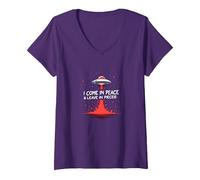I Come in Peace & Leave in Pieces: UFO Humor for Space Fans V-Neck T-Shirt, Women, Purple, XXL