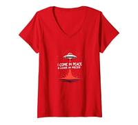 I Come in Peace & Leave in Pieces: UFO Humor for Space Fans V-Neck T-Shirt, Women, Red, XXL