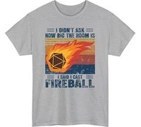 I Didn’t Ask How Big the Room Is I Said I Cast Fireball Design T-Shirt with Vintage RPG Style, Retro Colors and Flaming D20 Dice, Ideal for Fantasy Game Fans and Bold Tabletop Statement Design