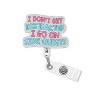 I Dont Get Distracted I Go On Side Quests Badge Reel with Silver Glitter, Funny Sarcastic ADHD Retractable ID Clip Holder Gift for Nurse, CNA, RN,Nursing Student, Social Workers, Coworker